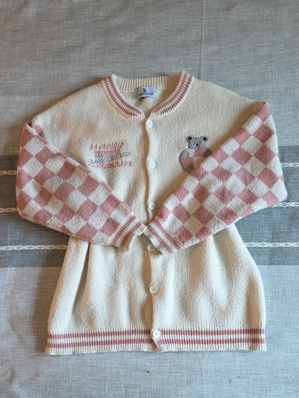 Unbranded Kids Cream & Pink Checker Knit Cardigan